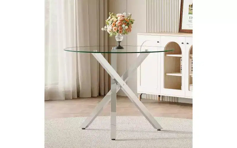 Table de salle à manger en verre trempé TUYOHW avec base en métal en forme de X, table de cuisine ronde de 39 pouces pour 2 à 4 personnes, table compacte et peu encombrante pour la salle à manger et le salon