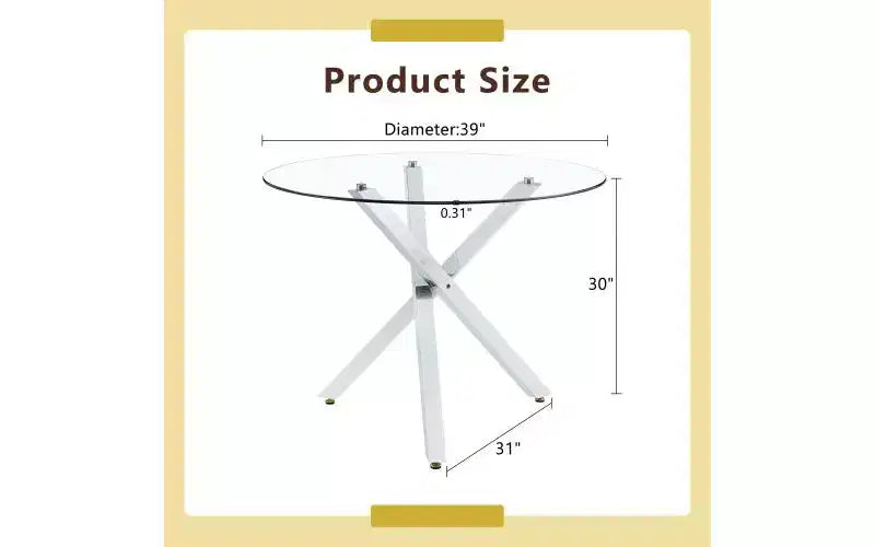 Table de salle à manger en verre trempé TUYOHW avec base en métal en forme de X, table de cuisine ronde de 39 pouces pour 2 à 4 personnes, table compacte et peu encombrante pour la salle à manger et le salon