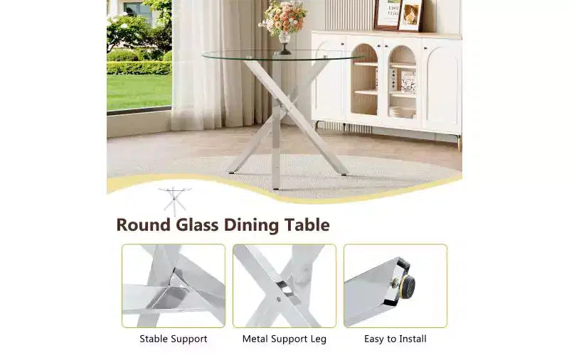 Table de salle à manger en verre trempé TUYOHW avec base en métal en forme de X, table de cuisine ronde de 39 pouces pour 2 à 4 personnes, table compacte et peu encombrante pour la salle à manger et le salon