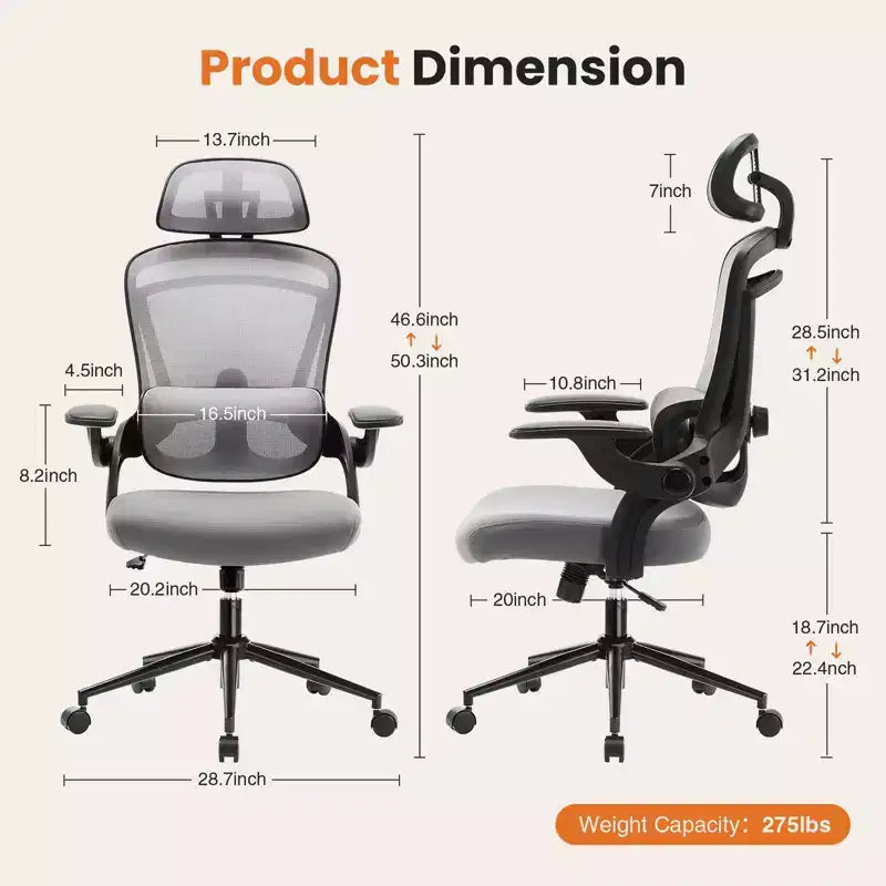 TUYOHW High-Back Ergonomic Office Chair with Adjustable Lumbar Support, Gaming Chair with Flip Up Arms, Mesh Computer Chair for Home, Office