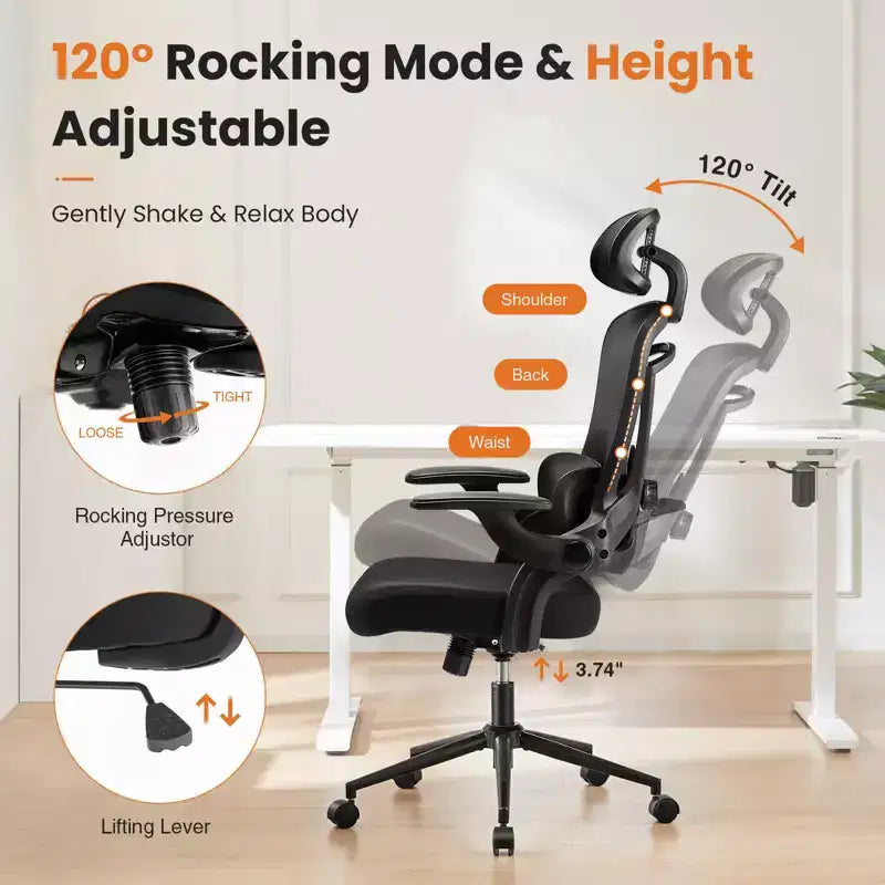 TUYOHW High-Back Ergonomic Office Chair with Adjustable Lumbar Support, Gaming Chair with Flip Up Arms, Mesh Computer Chair for Home, Office