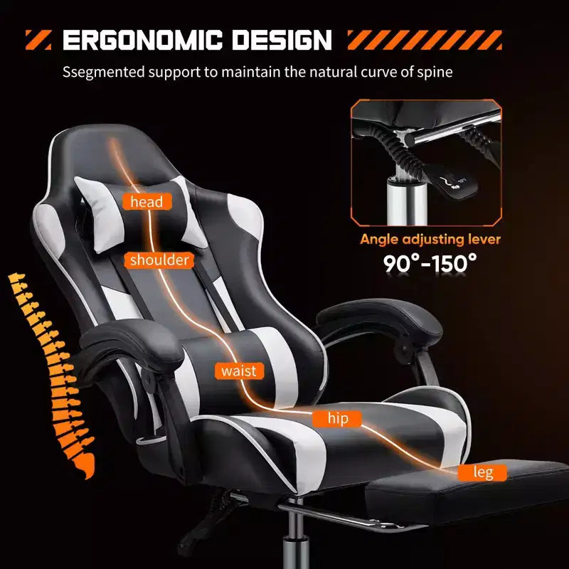 TUYOHW Ergonomic Gaming Chair with Footrest, PU Leather Recliner with Headrest and Fixed Up Armrest, Computer Chair for Study, Office