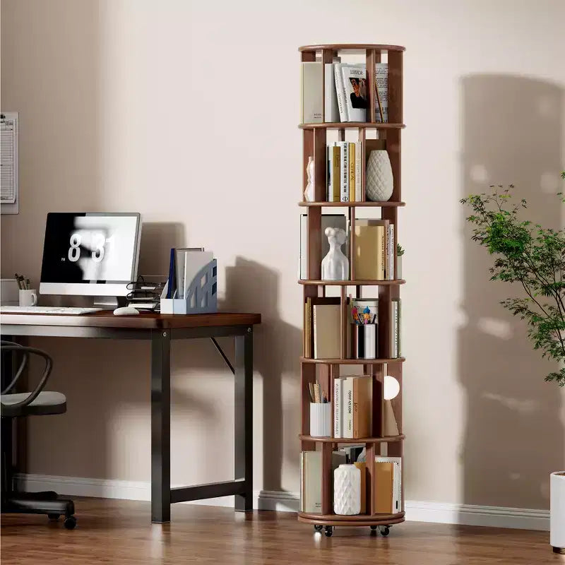 Rotating Bookshelf Wooden, 6-Shelf Round, 360 Spin, Bookcase with Wheels for Kids, Small Spaces, Corners, Bedroom, Office, Walnut