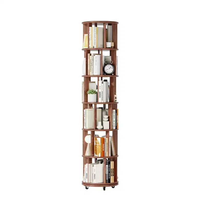 Étagère rotative en bois, 6 niveaux ronds, pivotement à 360°, bibliothèque à roulettes pour enfants, petits espaces, coins, chambre, bureau, noyer