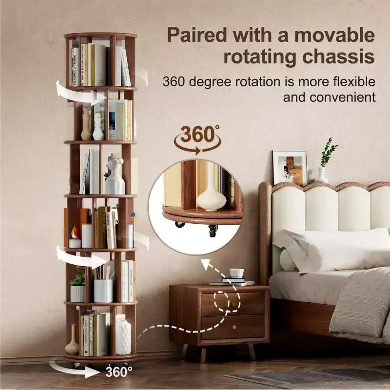 Étagère rotative en bois, 6 niveaux ronds, pivotement à 360°, bibliothèque à roulettes pour enfants, petits espaces, coins, chambre, bureau, noyer