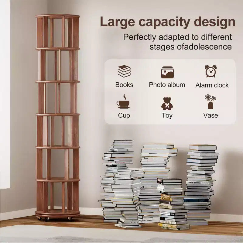 Étagère rotative en bois, 6 niveaux ronds, pivotement à 360°, bibliothèque à roulettes pour enfants, petits espaces, coins, chambre, bureau, noyer