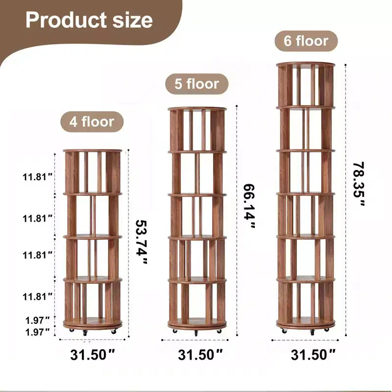 Étagère rotative en bois, 6 niveaux ronds, pivotement à 360°, bibliothèque à roulettes pour enfants, petits espaces, coins, chambre, bureau, noyer