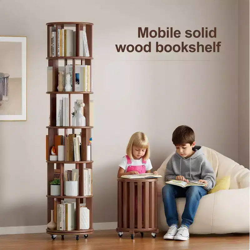 Étagère rotative en bois, 6 niveaux ronds, pivotement à 360°, bibliothèque à roulettes pour enfants, petits espaces, coins, chambre, bureau, noyer