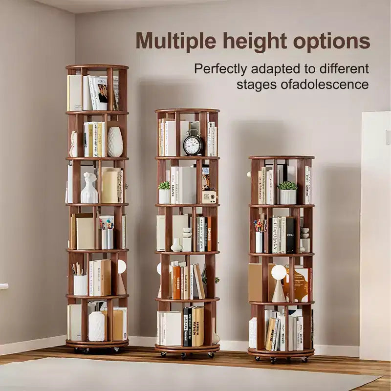 Étagère rotative en bois, 6 niveaux ronds, pivotement à 360°, bibliothèque à roulettes pour enfants, petits espaces, coins, chambre, bureau, noyer