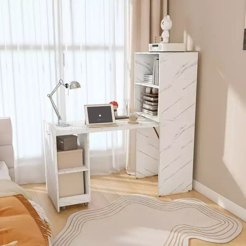 TUYOHW Stretchable Writing Desk,Foldable Home Office Desk with Storage Shelves and Wheels,Mobile Workstation for Small Apartments,Offices
