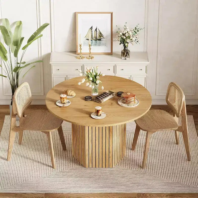 Lantine Round Wood Dining Table, 47-Inch Small Dining Table for 4, Modern Circle Kitchen Table with Wood Strip Base for Kitchen Living Room, Walnut