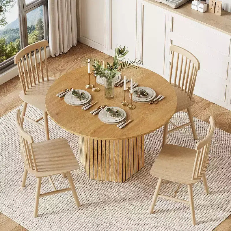 Lantine Round Wood Dining Table, 47-Inch Small Dining Table for 4, Modern Circle Kitchen Table with Wood Strip Base for Kitchen Living Room, Walnut