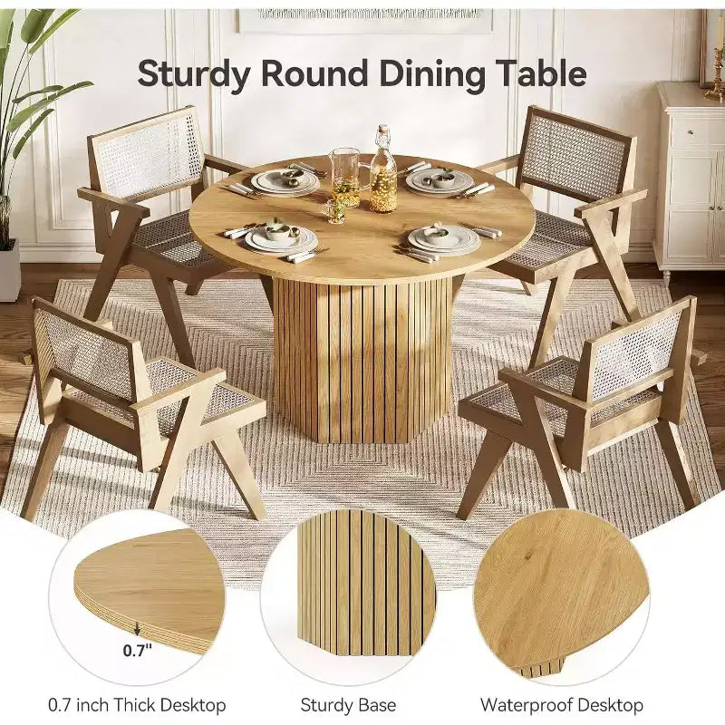 Lantine Round Wood Dining Table, 47-Inch Small Dining Table for 4, Modern Circle Kitchen Table with Wood Strip Base for Kitchen Living Room, Walnut