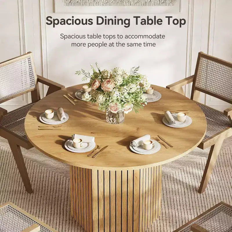 Lantine Round Wood Dining Table, 47-Inch Small Dining Table for 4, Modern Circle Kitchen Table with Wood Strip Base for Kitchen Living Room, Walnut