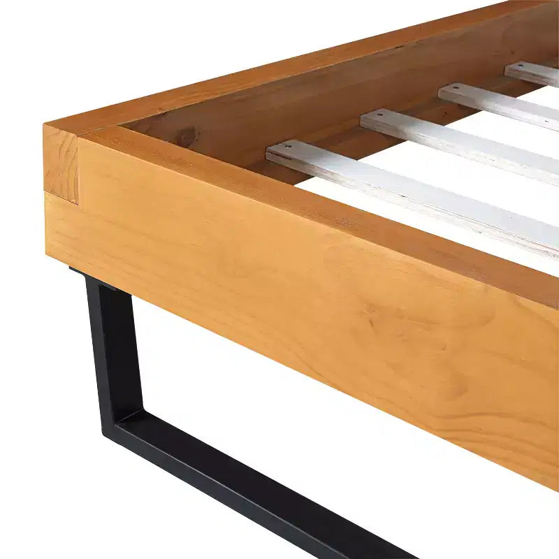 Queen/King Size Platform Bed Frame with Headboard, Sturdy Pinewood & Iron Frame, Modern Industrial Minimilist Design, Natural+Black - ModernLuxe