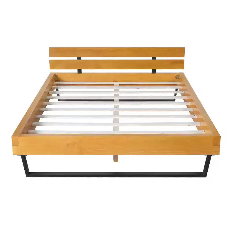 Queen/King Size Platform Bed Frame with Headboard, Sturdy Pinewood & Iron Frame, Modern Industrial Minimilist Design, Natural+Black - ModernLuxe