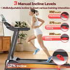 Tapis de course pliable 3,5 CV pour la maison/le bureau, inclinaison sur 3 niveaux, 12 km/h, 64 programmes, cours GRATUITS et contrôle par application, moniteur de fréquence cardiaque, tapis de course pour la course et la marche