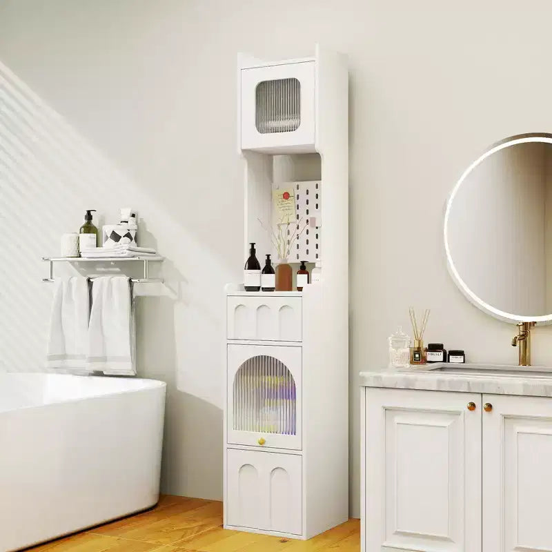 VIYET 71 Meuble de Rangement Haut et Étroit - Panneau de Particules Blanc+MDF, 1 Porte et 2 Tiroirs, Utilisation Cuisine