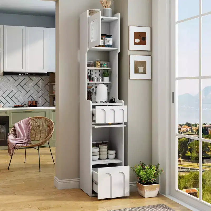 VIYET 71 Meuble de Rangement Haut et Étroit - Panneau de Particules Blanc+MDF, 1 Porte et 2 Tiroirs, Utilisation Cuisine