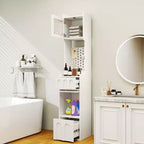 VIYET 71 Meuble de Rangement Haut et Étroit - Panneau de Particules Blanc+MDF, 1 Porte et 2 Tiroirs, Utilisation Cuisine