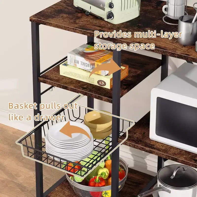 Étagère de cuisine Celebalcony avec prise de courant, organiseur de rangement multifonctionnel avec 6 crochets, support pour four à micro-ondes et station à café