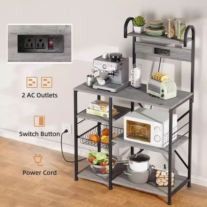 Étagère de cuisine Celebalcony avec prise de courant, organiseur de rangement multifonctionnel avec 6 crochets, support pour four à micro-ondes et station à café