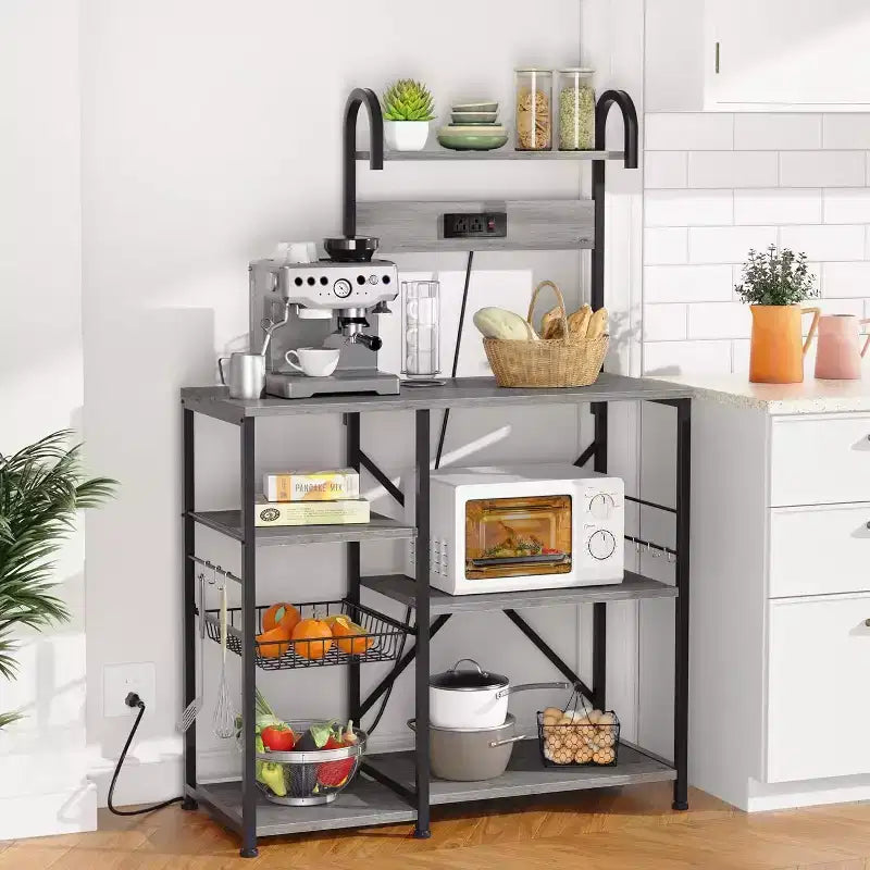 Étagère de cuisine Celebalcony avec prise de courant, organiseur de rangement multifonctionnel avec 6 crochets, support pour four à micro-ondes et station à café