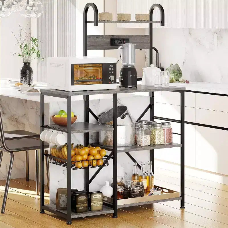 Celebalcony Kitchen Bakers Rack with Power Outlet, Multifunctional Organizer & Storage with 6 Hooks, Microwave Oven Stand, and Coffee Station