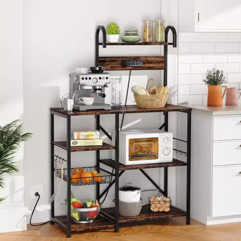 Étagère de cuisine Celebalcony avec prise de courant, organiseur de rangement multifonctionnel avec 6 crochets, support pour four à micro-ondes et station à café