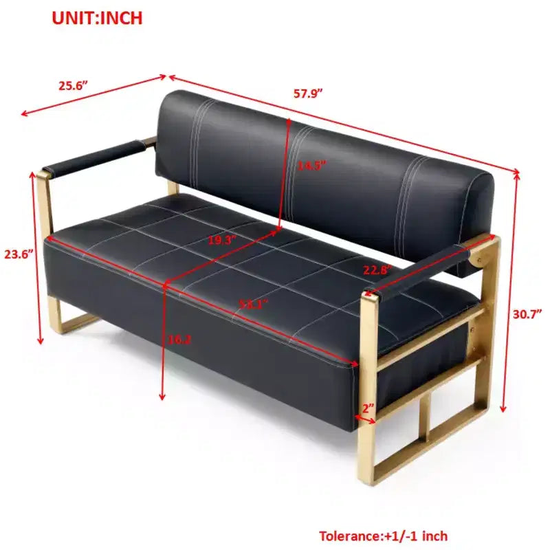 TUYOHW Canapé deux places en faux cuir collé de 57,9 pouces avec accoudoirs en métal doré pour salon, bureau, appartement