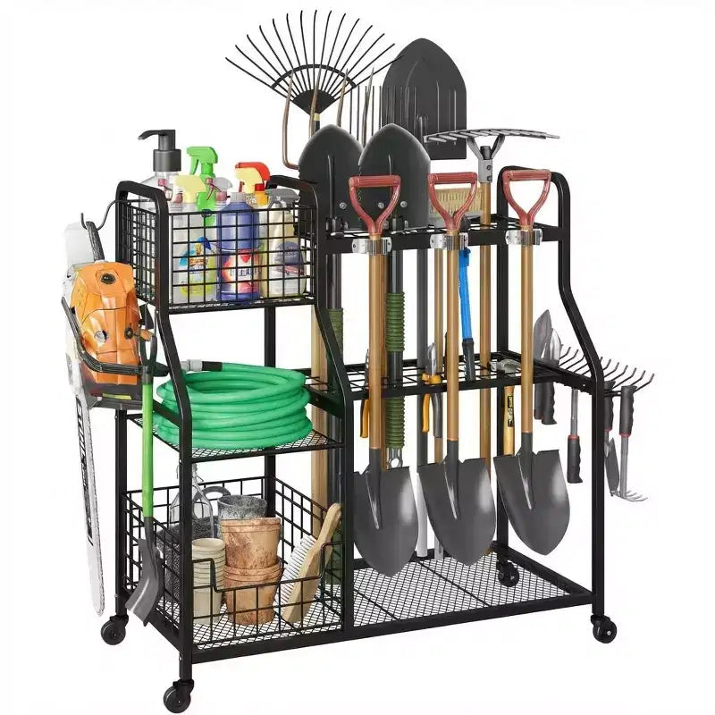 Garden Tool Organizer With Wheels, Rolling Metal Yard Storage Rack, Freestanding Garden Tool Stand with Basket for Yard Shed