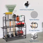 Garden Tool Organizer With Wheels, Rolling Metal Yard Storage Rack, Freestanding Garden Tool Stand with Basket for Yard Shed