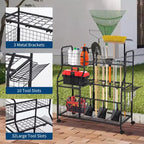 Garden Tool Organizer With Wheels, Rolling Metal Yard Storage Rack, Freestanding Garden Tool Stand with Basket for Yard Shed