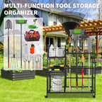Garden Tool Organizer With Wheels, Rolling Metal Yard Storage Rack, Freestanding Garden Tool Stand with Basket for Yard Shed