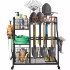 Garden Tool Organizer With Wheels, Rolling Metal Yard Storage Rack, Freestanding Garden Tool Stand with Basket for Yard Shed