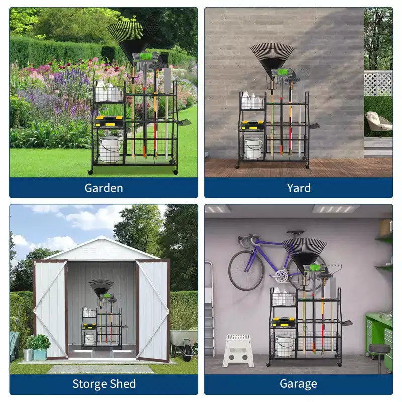 Garden Tool Organizer With Wheels, Rolling Metal Yard Storage Rack, Freestanding Garden Tool Stand with Basket for Yard Shed