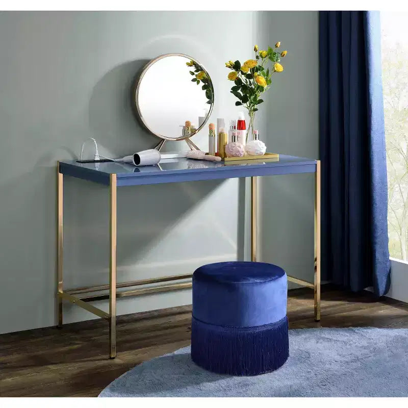 TUYOHW Modern 40 Writing Desk,Office Desk with Built-in USB Port,High-Gloss Desktop,Gold Open Metal Base,Rectangular Desk for Bedroom,Office,Study