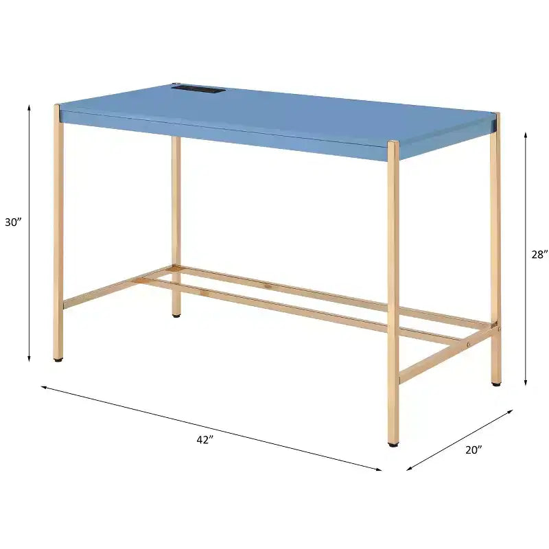 TUYOHW Modern 40 Writing Desk,Office Desk with Built-in USB Port,High-Gloss Desktop,Gold Open Metal Base,Rectangular Desk for Bedroom,Office,Study