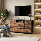 Wide Rustic Brown 8 Drawer Dresser with Power Outlets Fabric Storage Chest of Drawers Open Shelf Organizer Unit Bedroom Living Room