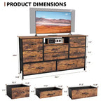 Wide Rustic Brown 8 Drawer Dresser with Power Outlets Fabric Storage Chest of Drawers Open Shelf Organizer Unit Bedroom Living Room
