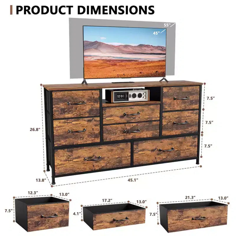 Commode Large Marron Rustique à 8 Tiroirs avec Prises Électriques Commode de Rangement en Tissu Unité d'Organisation à Étagère Ouverte Chambre Salon