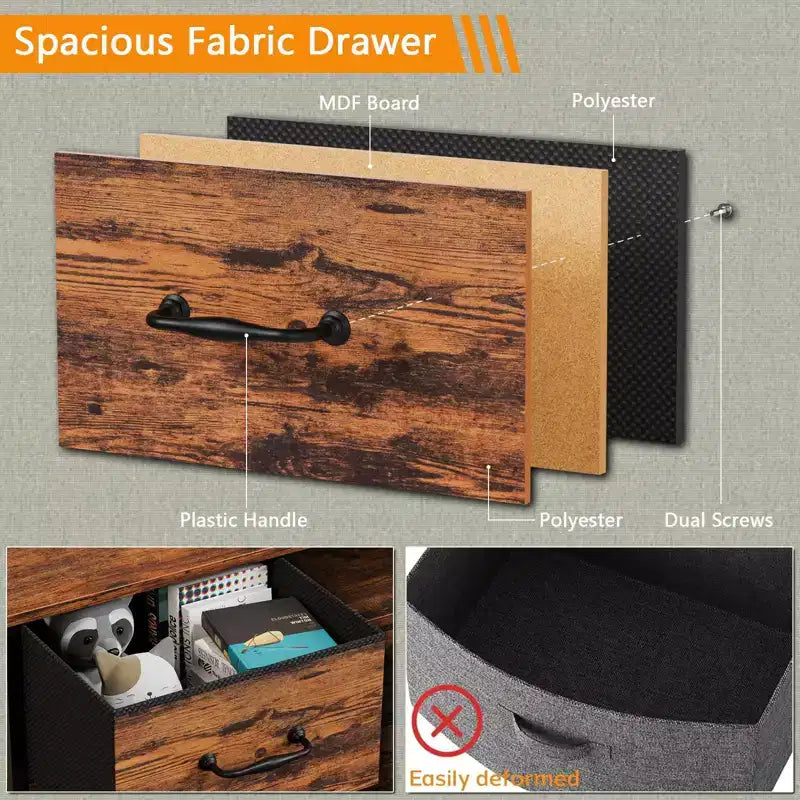 Wide Rustic Brown 8 Drawer Dresser with Power Outlets Fabric Storage Chest of Drawers Open Shelf Organizer Unit Bedroom Living Room