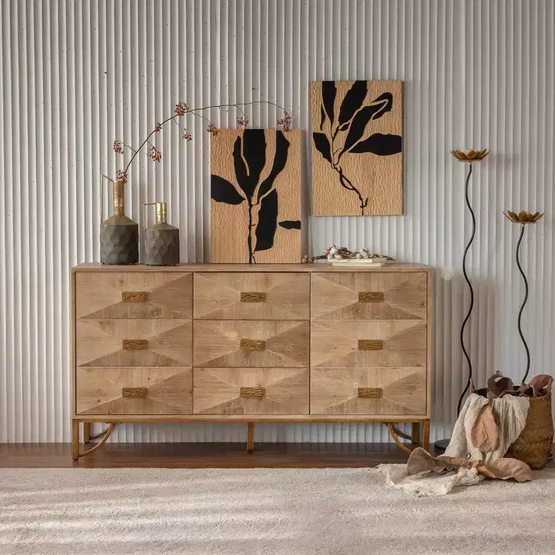 JVNOXK 59.44-inch Wooden Sideboard, Three-Drawer Storage Cabinet with Geometric Relief, Suitable for Dining Rooms, Wood-Tone Finish