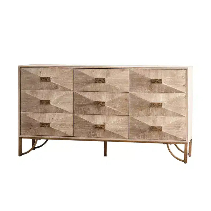 JVNOXK 59.44-inch Wooden Sideboard, Three-Drawer Storage Cabinet with Geometric Relief, Suitable for Dining Rooms, Wood-Tone Finish