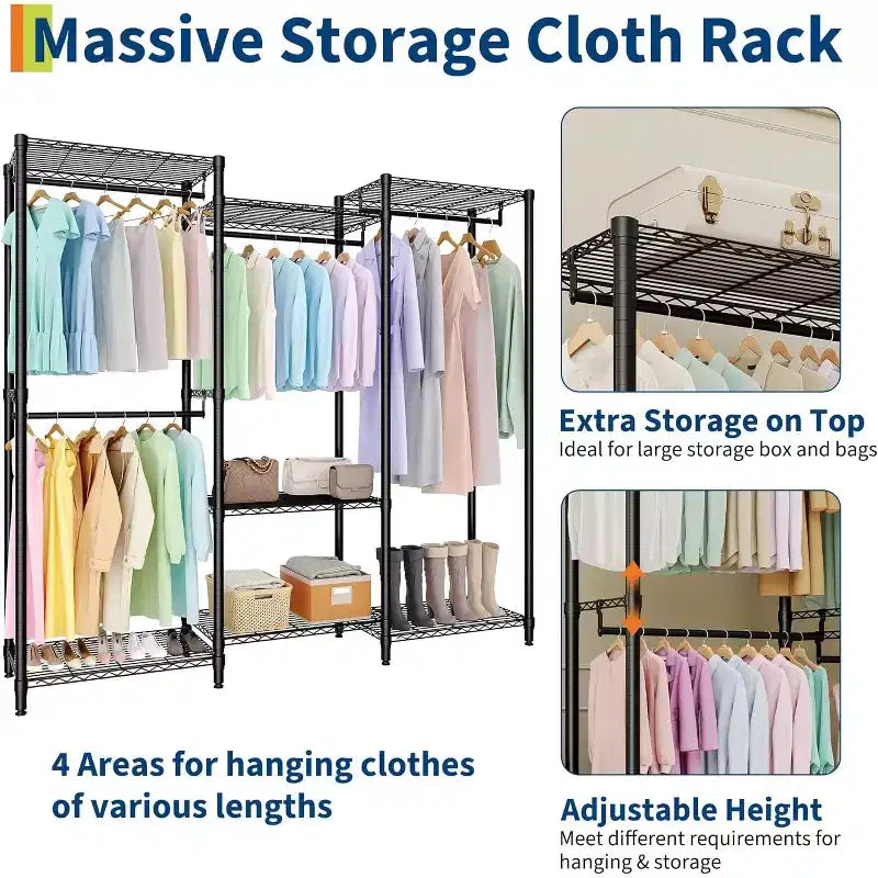Heavy Duty Clothes Rack,Freestanding Clothes Rack with Shelves& Hanger,Wardrobe Clothes Organizer For Bedroom&Laundry Room,Max Load 500 LBS