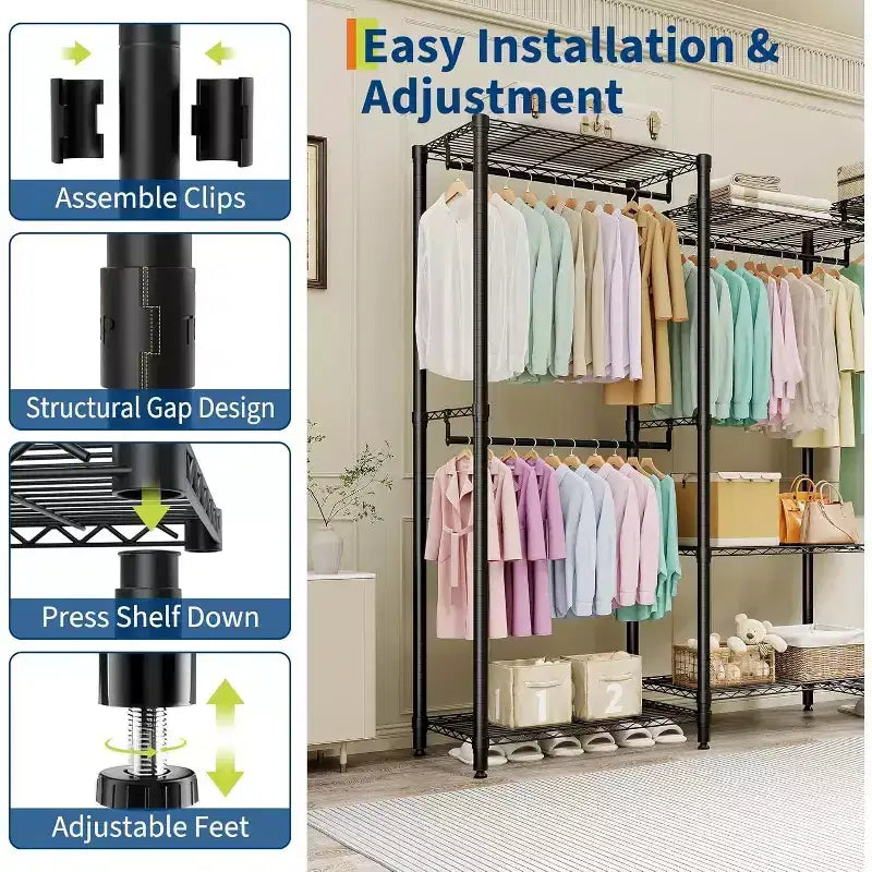 Heavy Duty Clothes Rack,Freestanding Clothes Rack with Shelves& Hanger,Wardrobe Clothes Organizer For Bedroom&Laundry Room,Max Load 500 LBS