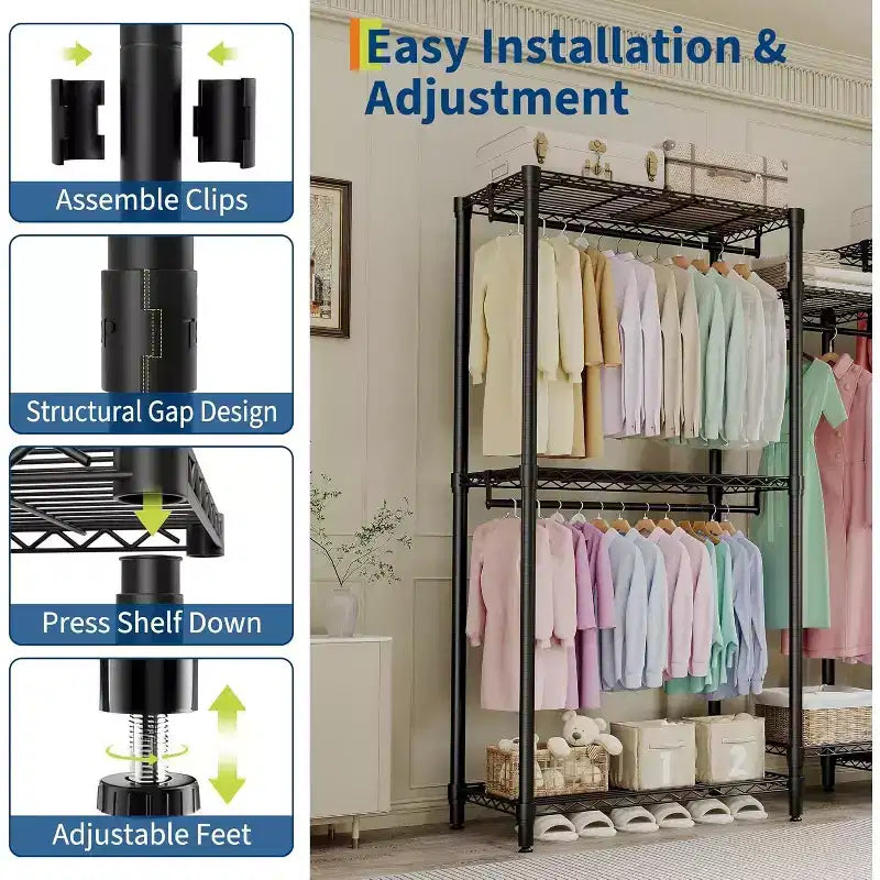 Heavy Duty Clothes Rack,Freestanding Clothes Rack with Shelves& Hanger,Wardrobe Clothes Organizer For Bedroom&Laundry Room,Max Load 500 LBS