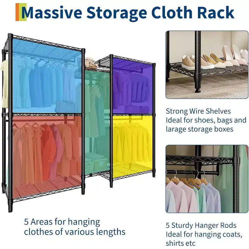 Heavy Duty Clothes Rack,Freestanding Clothes Rack with Shelves& Hanger,Wardrobe Clothes Organizer For Bedroom&Laundry Room,Max Load 500 LBS