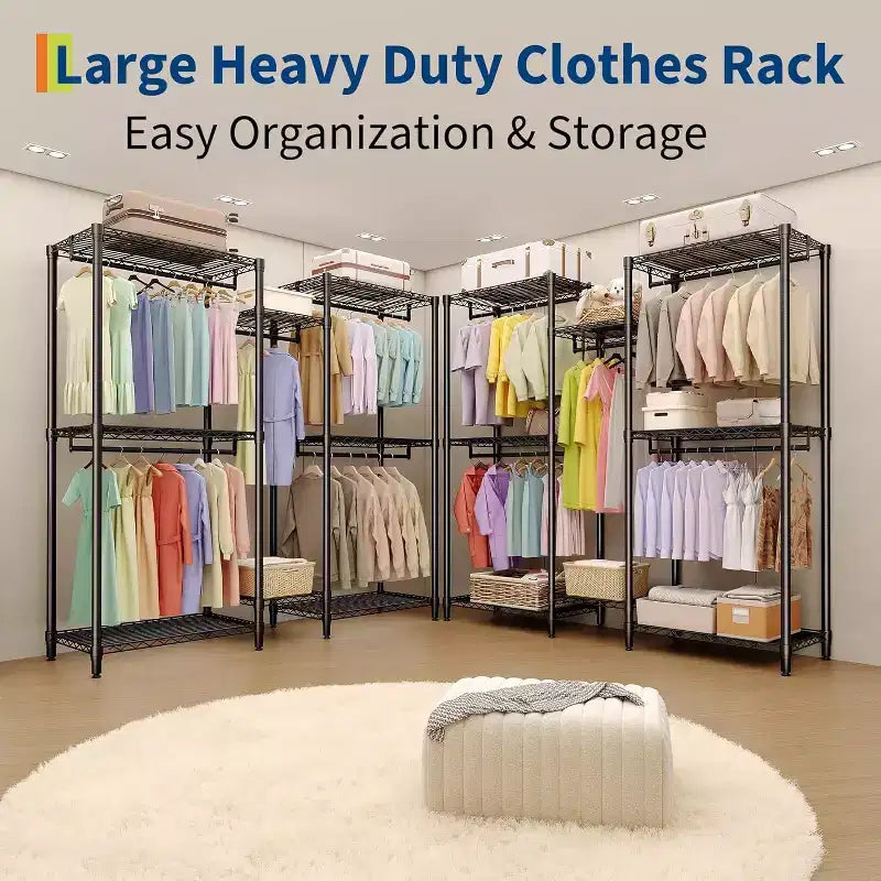 Heavy Duty Clothes Rack,Freestanding Clothes Rack with Shelves& Hanger,Wardrobe Clothes Organizer For Bedroom&Laundry Room,Max Load 500 LBS
