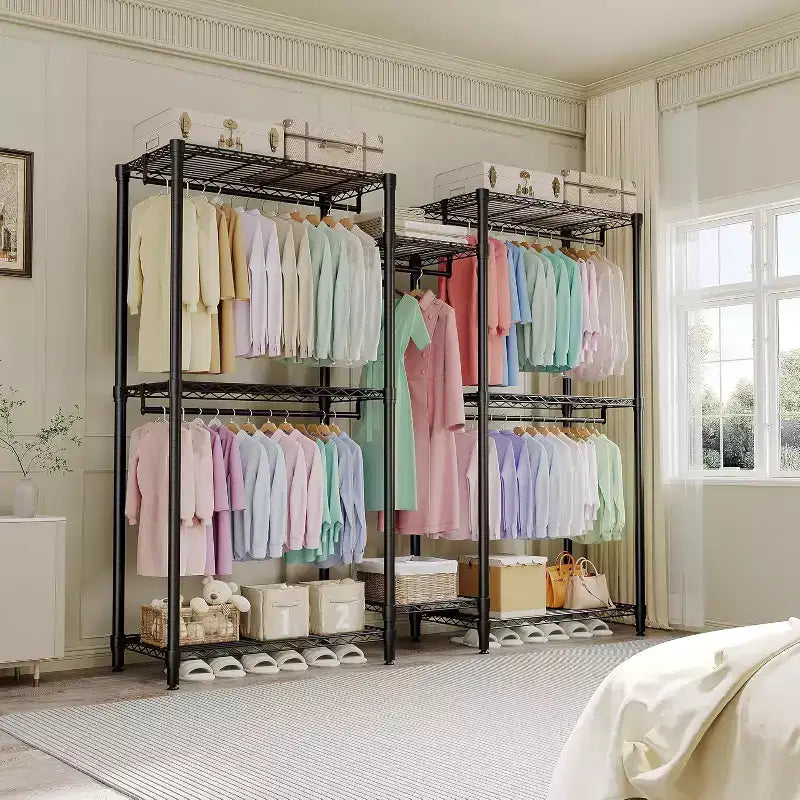 Heavy Duty Clothes Rack,Freestanding Clothes Rack with Shelves& Hanger,Wardrobe Clothes Organizer For Bedroom&Laundry Room,Max Load 500 LBS